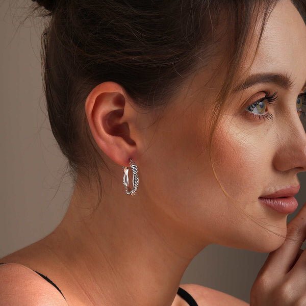 925 Sterling Silver Cubic Zirconia Polished Textured Click-Top Hoop Earrings for Women