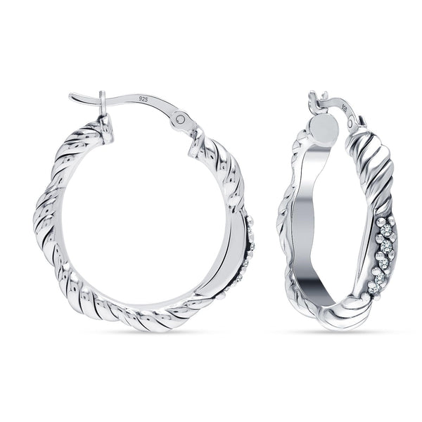925 Sterling Silver Cubic Zirconia Polished Textured Click-Top Hoop Earrings for Women