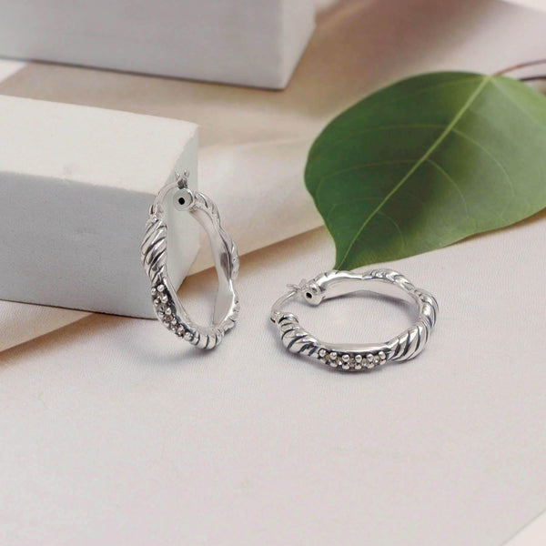 925 Sterling Silver Cubic Zirconia Polished Textured Click-Top Hoop Earrings for Women