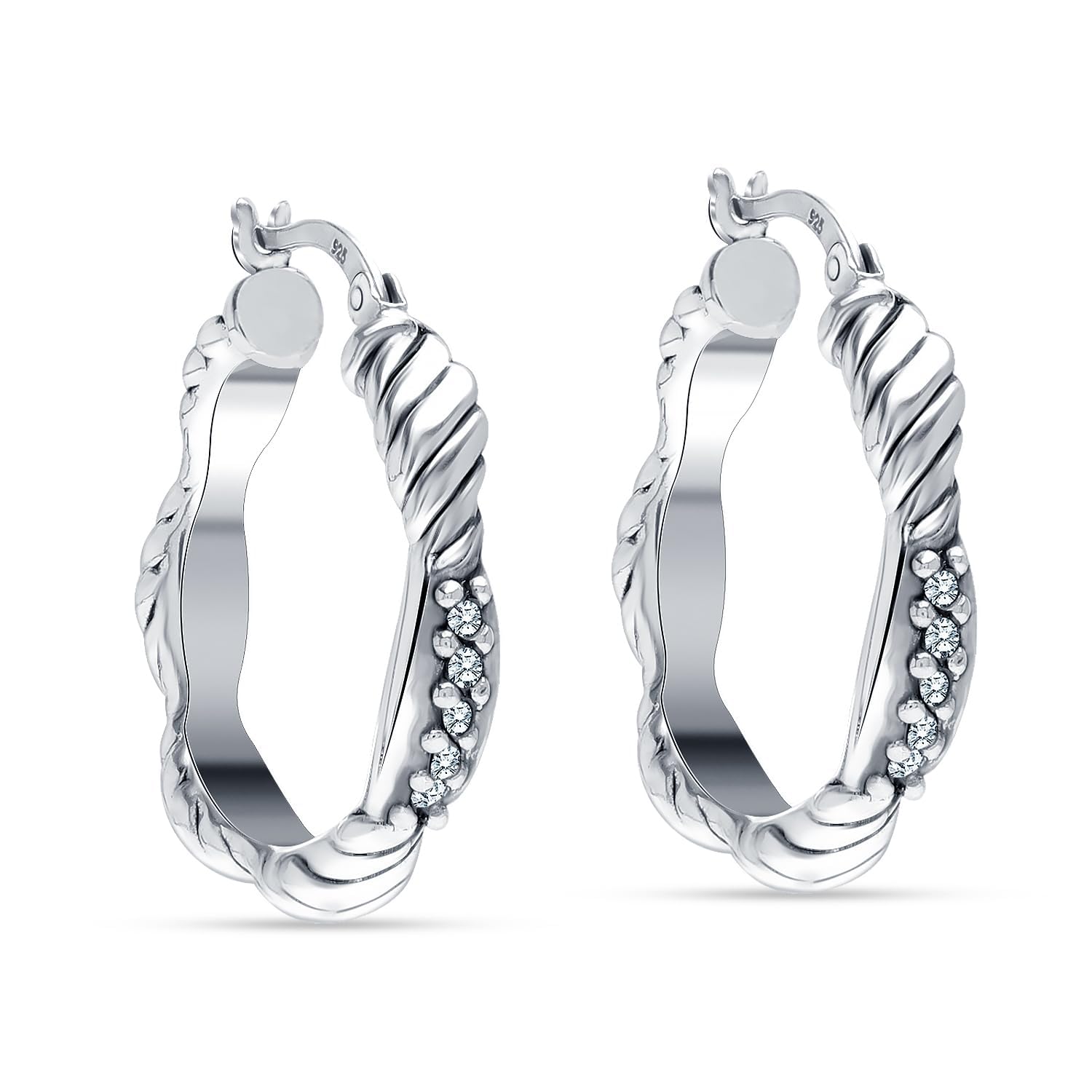 925 Sterling Silver Cubic Zirconia Polished Textured Click-Top Hoop Earrings for Women