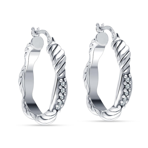 925 Sterling Silver Cubic Zirconia Polished Textured Click-Top Hoop Earrings for Women