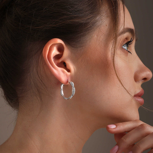 925 Sterling Silver Cubic Zirconia Polished Textured Click-Top Hoop Earrings for Women
