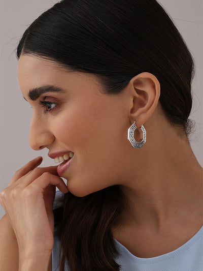 925 Sterling Silver Jewellery Antique Light-Weight Octagon Greek Key Pattern Hoop Earrings for Women