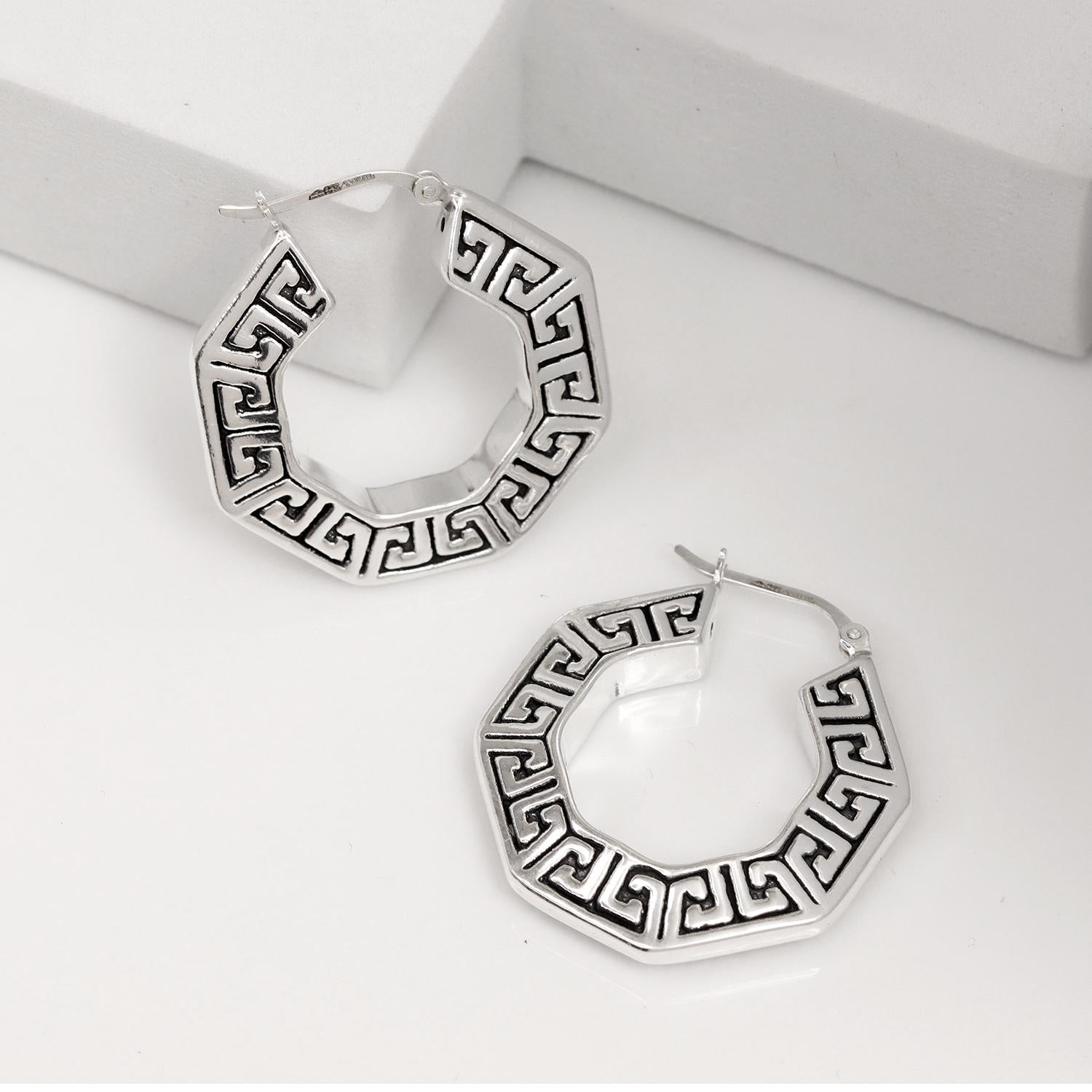 925 Sterling Silver Jewellery Antique Light-Weight Octagon Greek Key Pattern Hoop Earrings for Women