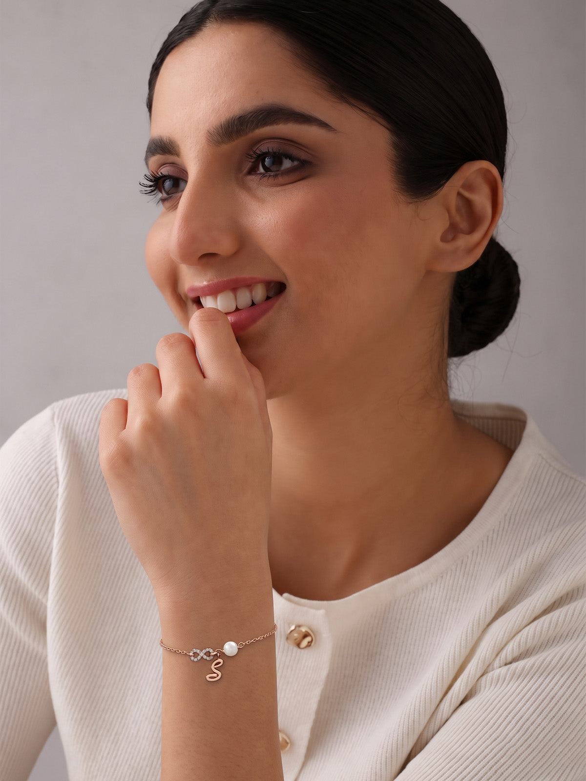 Personalised Initial, Infinity & Pearl Rose Gold-Plated Bracelet