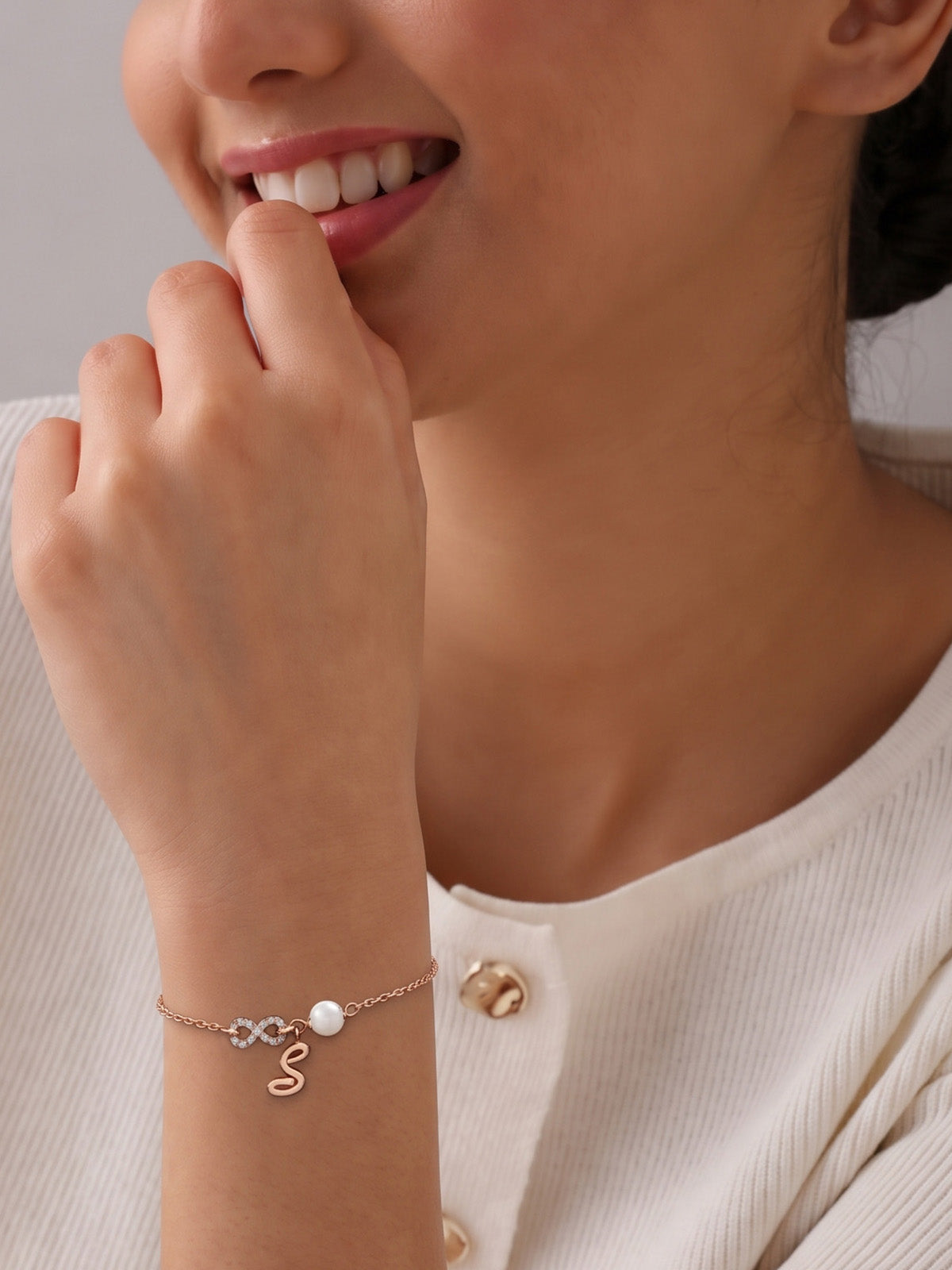 Personalised Initial, Infinity & Pearl Rose Gold-Plated Bracelet