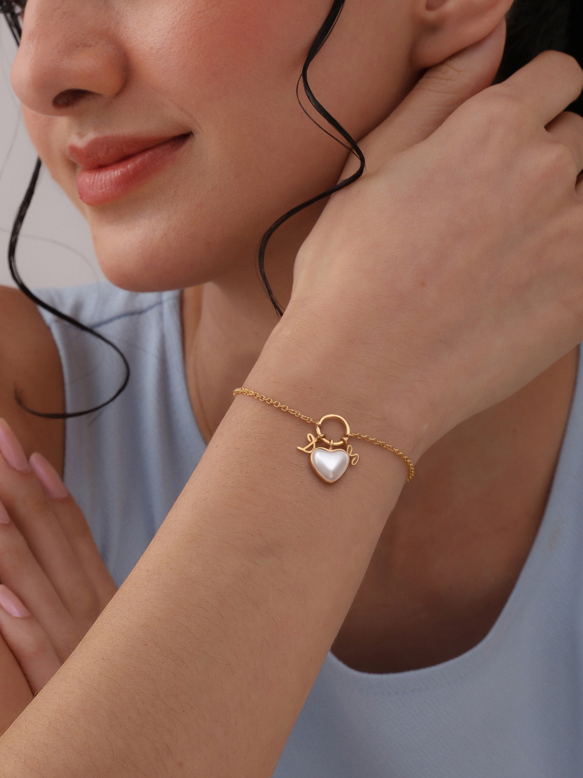 Gold Pearl Heart Ring Charm Bracelet