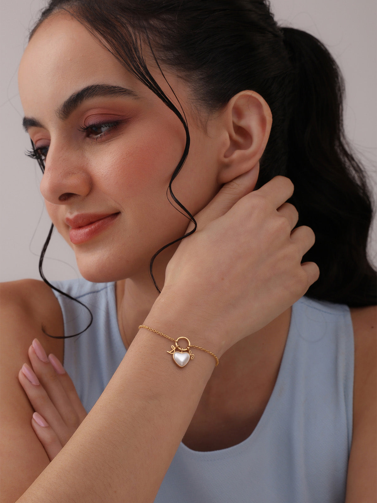 Gold Pearl Heart Ring Charm Bracelet