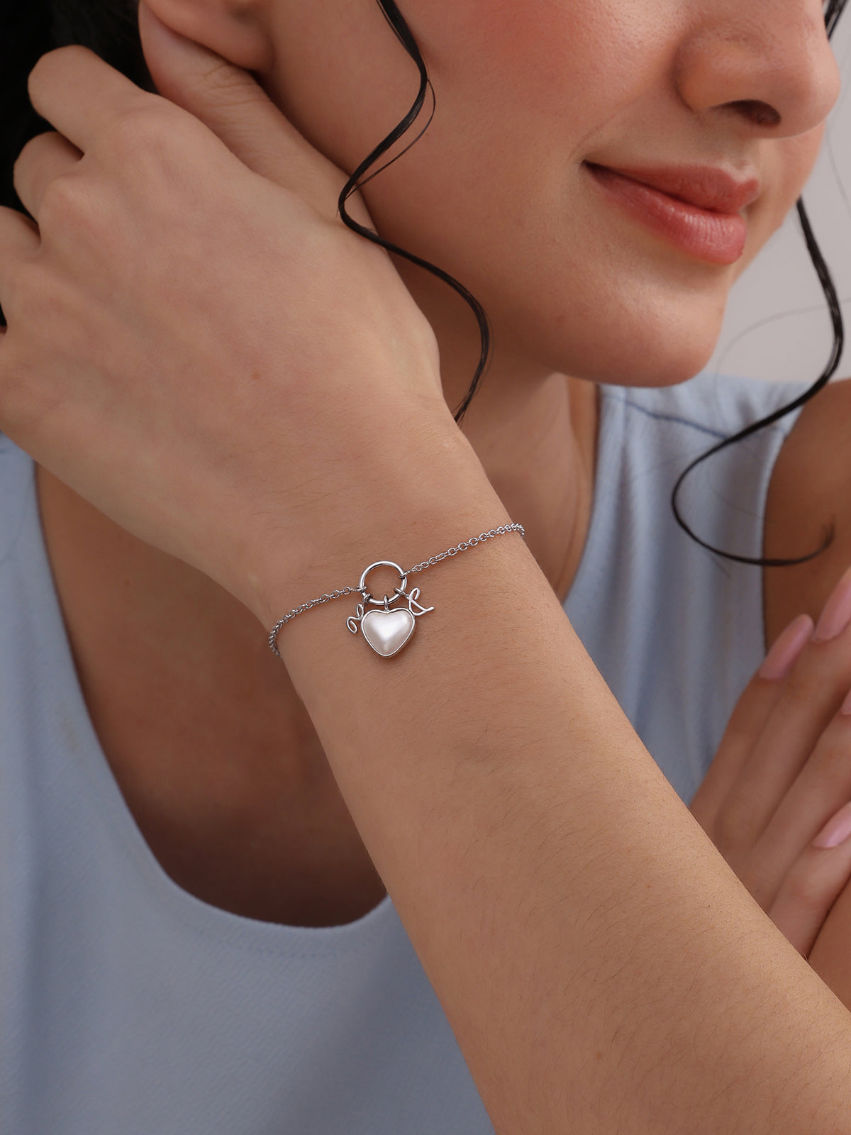 Personalized Pearl Heart Charm Bracelet