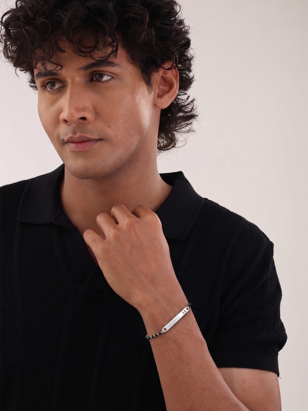 Black Beaded ID Plate Bracelet