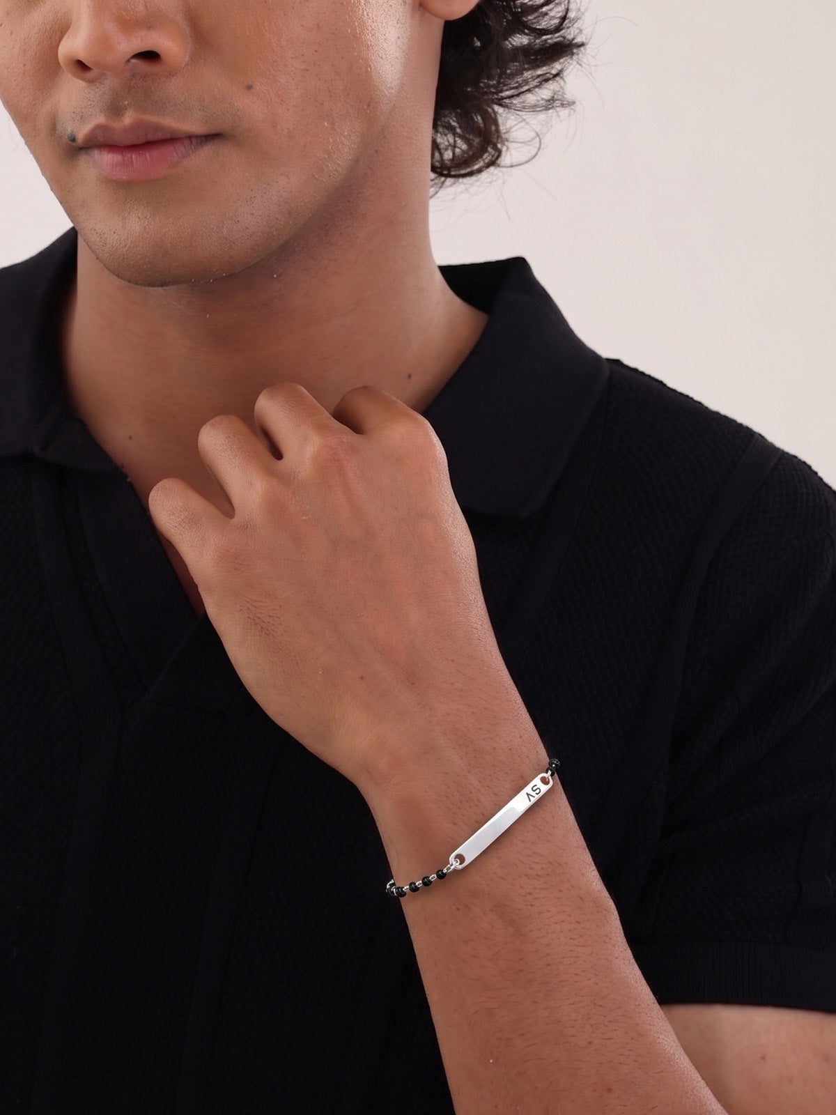 Black Beaded ID Plate Bracelet