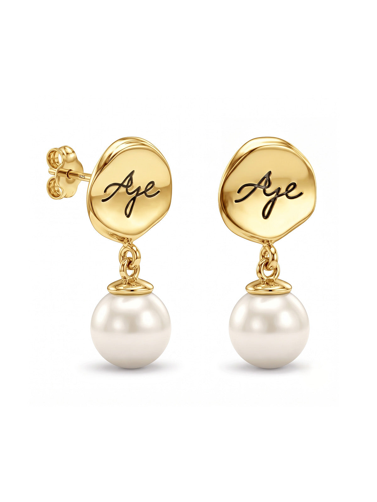 Gold Pearl Engraved Disc Drop Earrings
