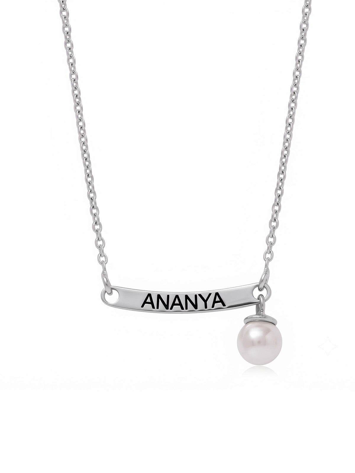 Personalised Engraved Name Bar & Pearl Silver Necklace