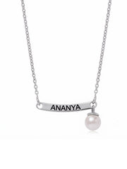Personalised Engraved Name Bar & Pearl Silver Necklace