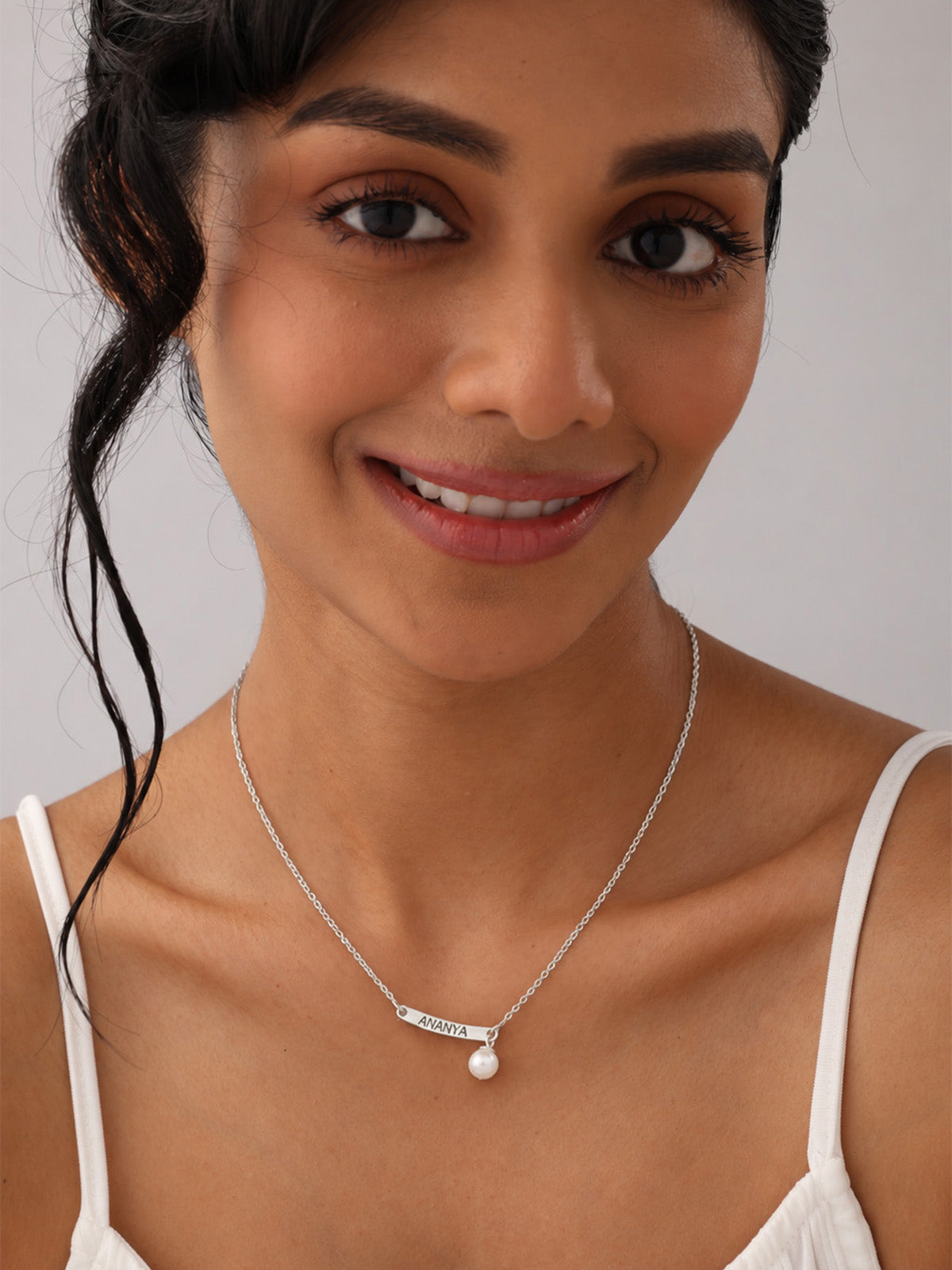 Personalised Engraved Name Bar & Pearl Silver Necklace