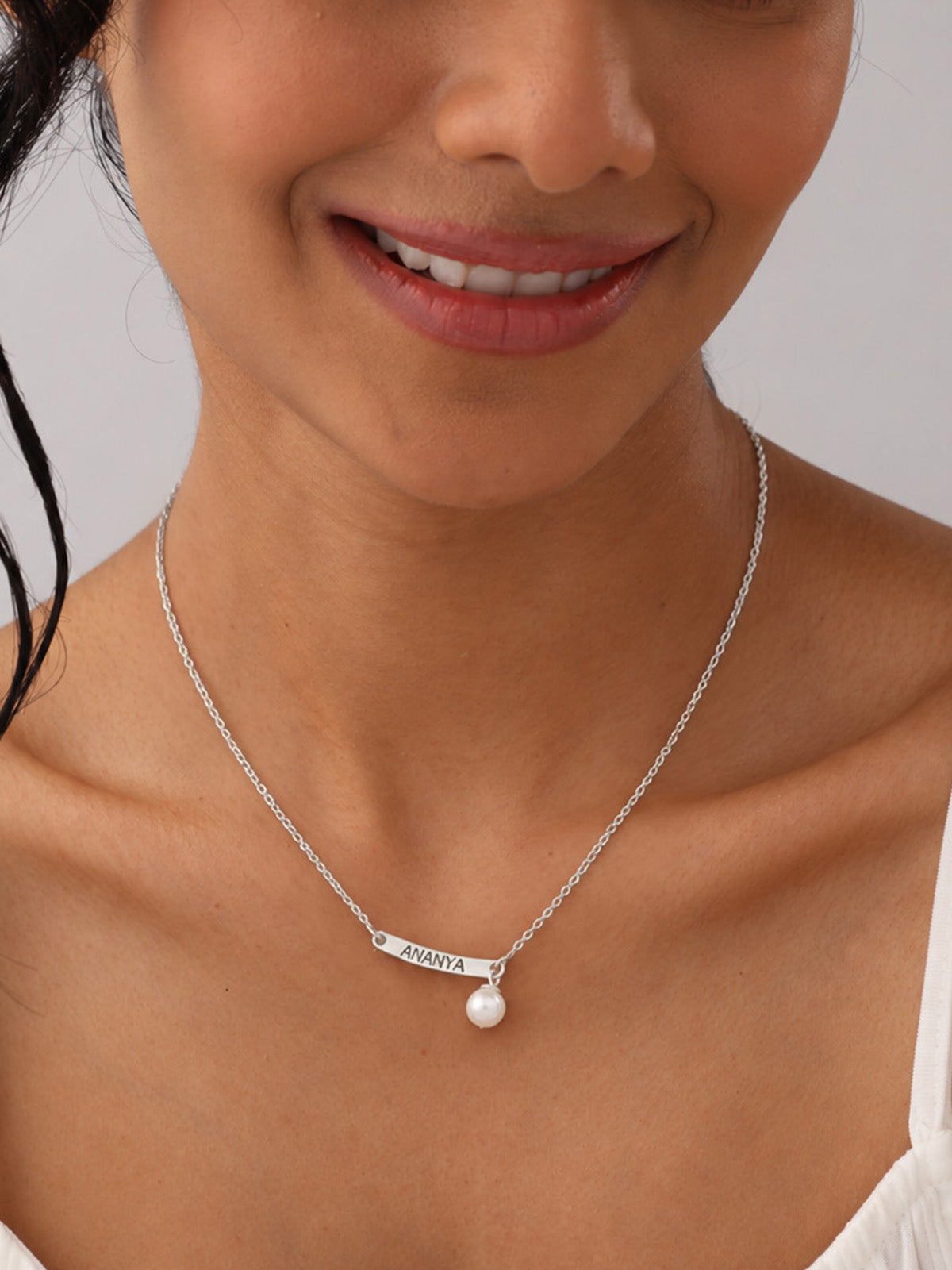 Personalised Engraved Name Bar & Pearl Silver Necklace