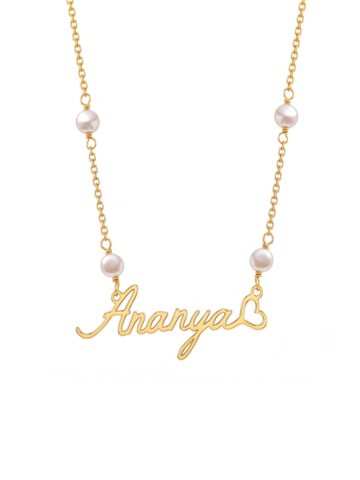 Gold Pearl Heart Script Name Necklace