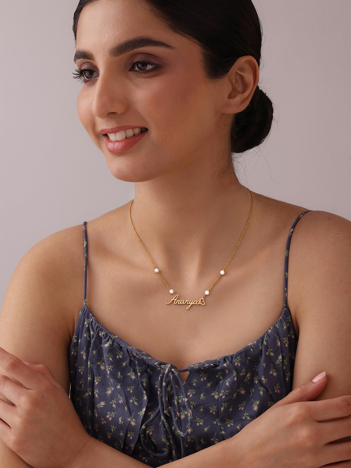 Gold Pearl Heart Script Name Necklace
