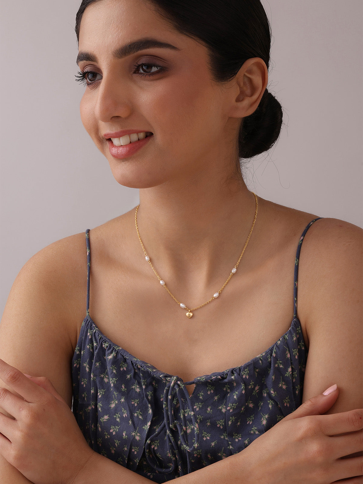 Gold Pearl Initial Heart Charm Necklace