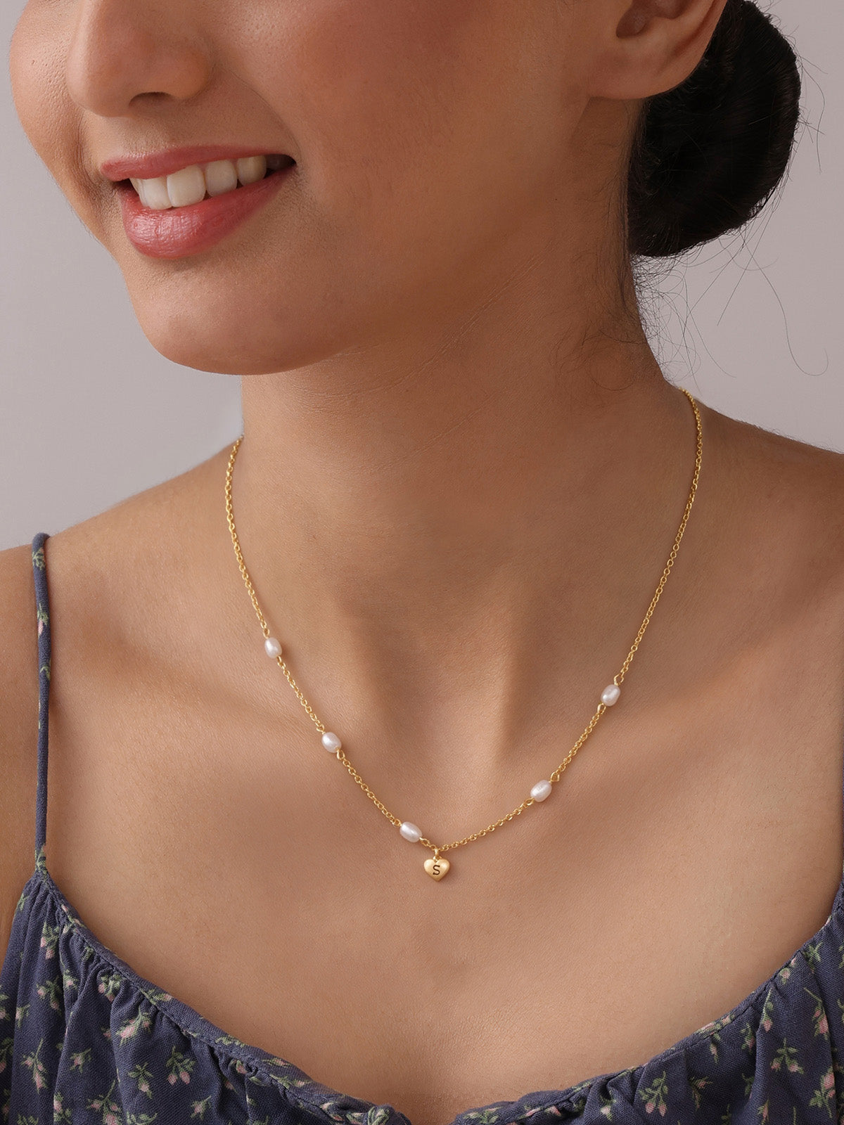 Gold Pearl Initial Heart Charm Necklace