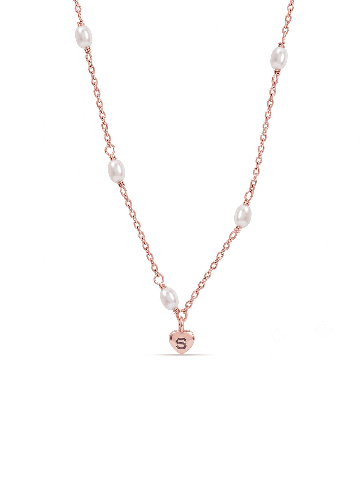 Personalized Initial Heart Charm Pearl Station Women's Necklace