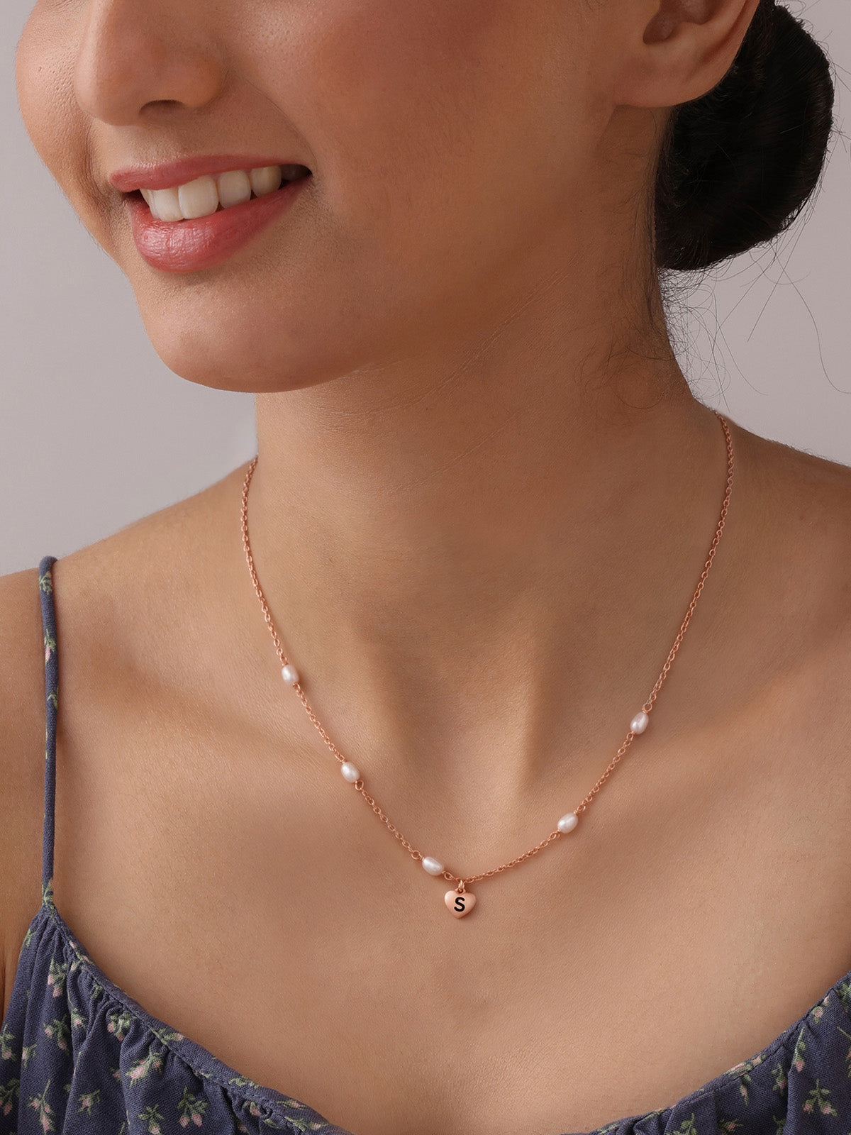 Personalized Initial Heart Charm Pearl Station Women's Necklace