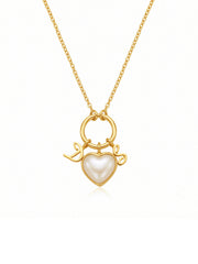 Gold Pearl Heart Charm Ring Necklace