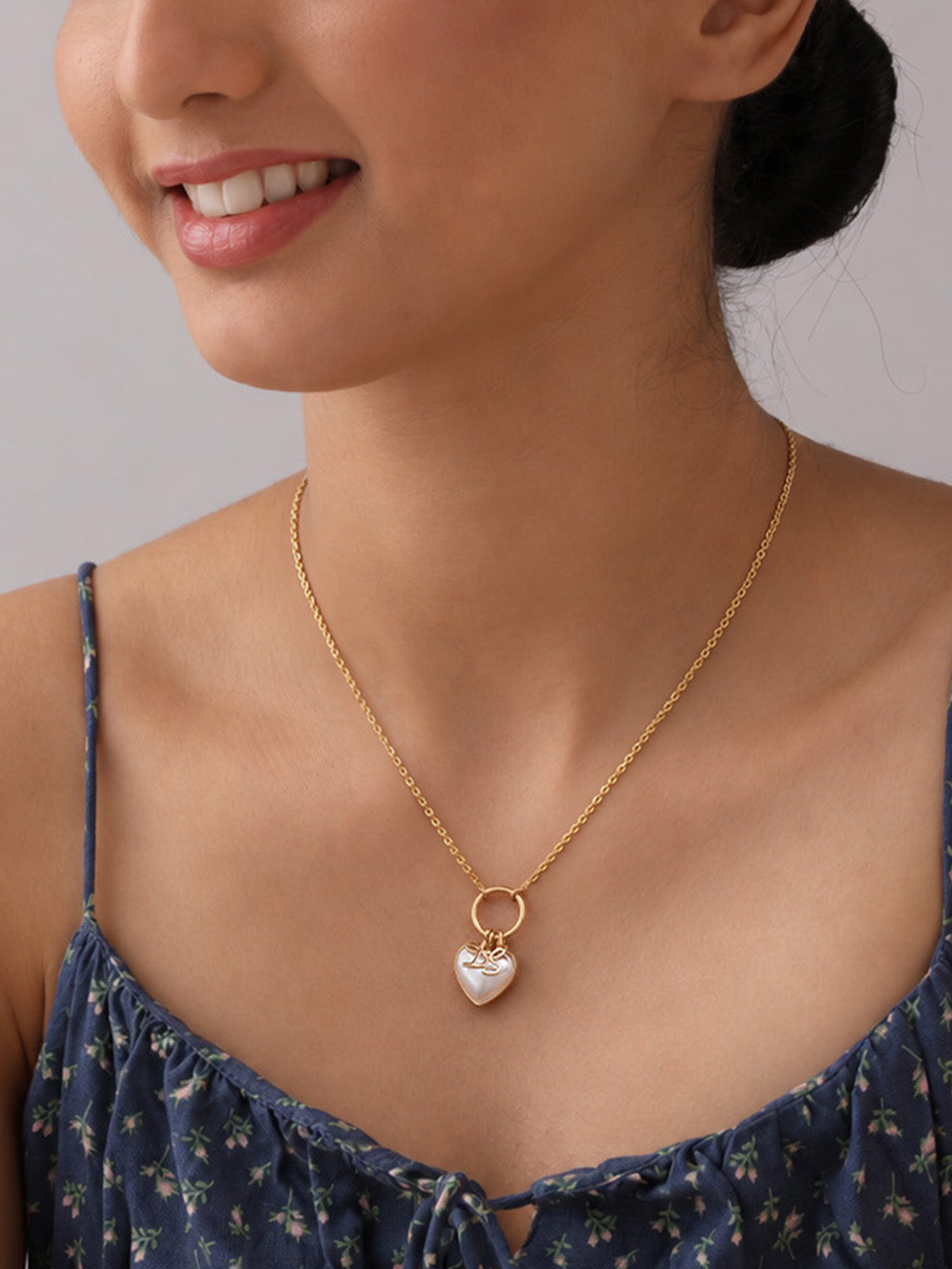 Gold Pearl Heart Charm Ring Necklace