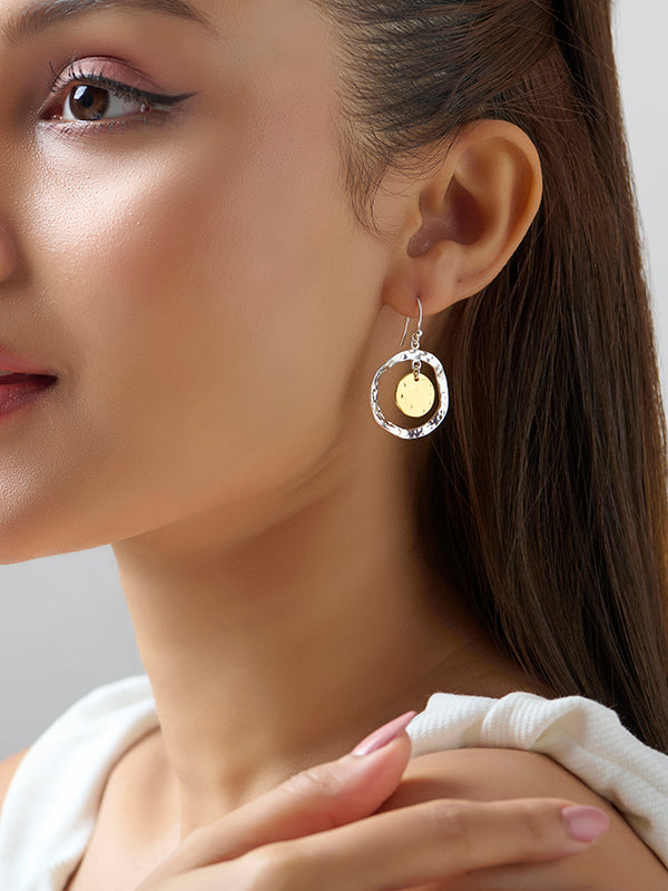 Two-Tone Hammered Disc Drop Earrings