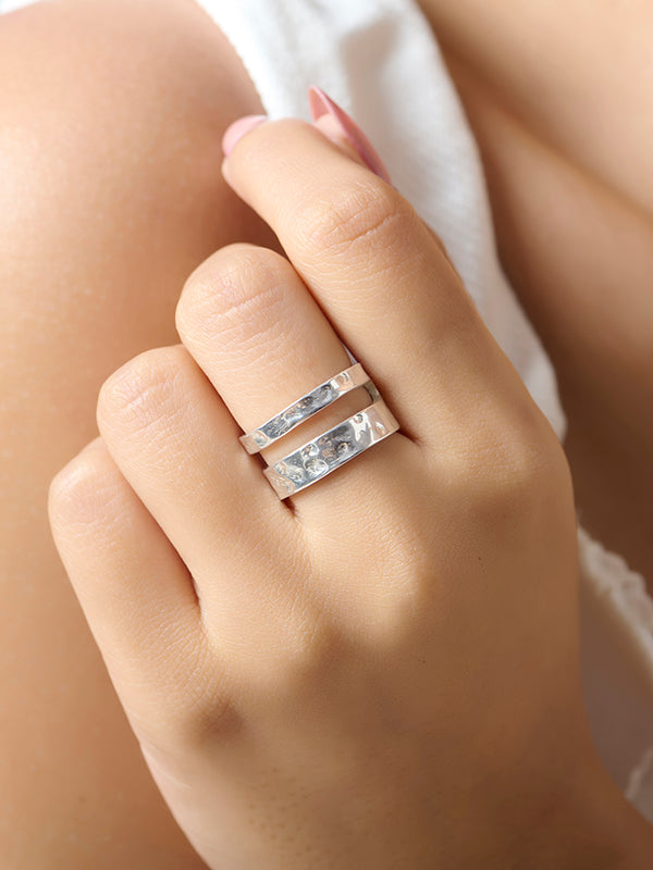 925 Sterling Silver Doubled Spaced Hammered Textured Two Band Ring for Women