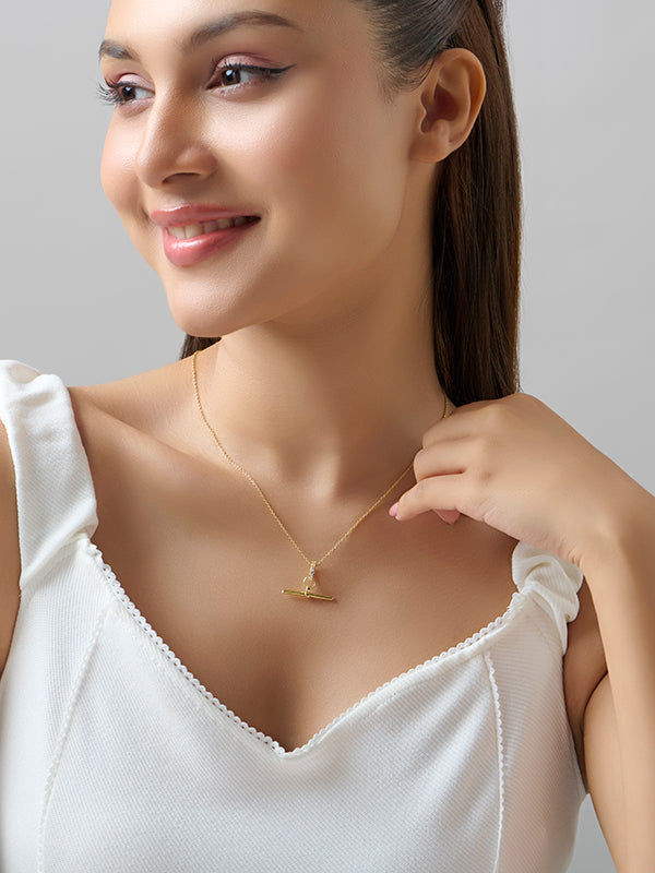 Gold CZ T-Bar Curb Pendant Necklace