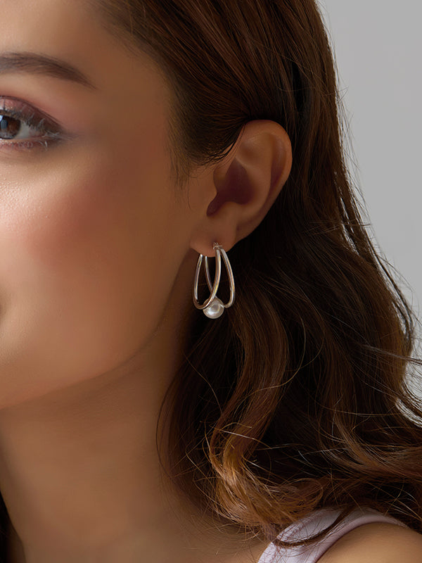 Silver Pearl Oval Hoops