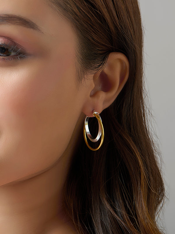 Dual Tone Double Circle Hoop Earrings