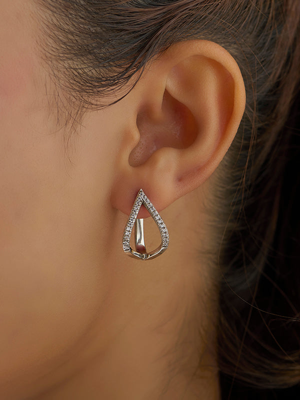 Rhodium Hoop Earrings with Structured Teardrop Shape