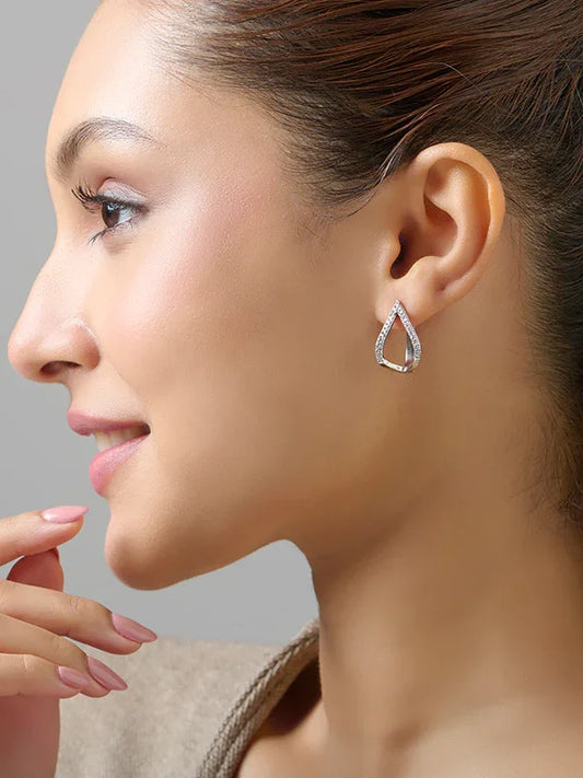 Rhodium Hoop Earrings with Structured Teardrop Shape