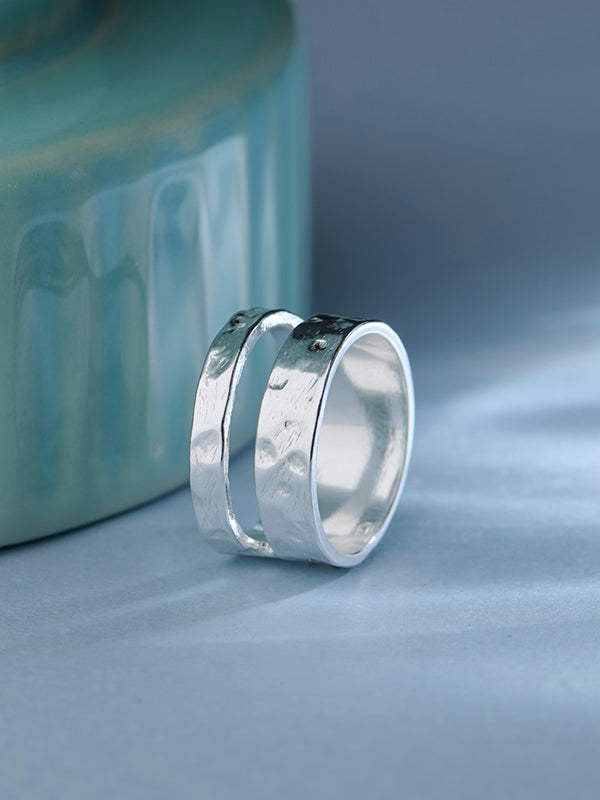925 Sterling Silver Doubled Spaced Hammered Textured Two Band Ring for Women