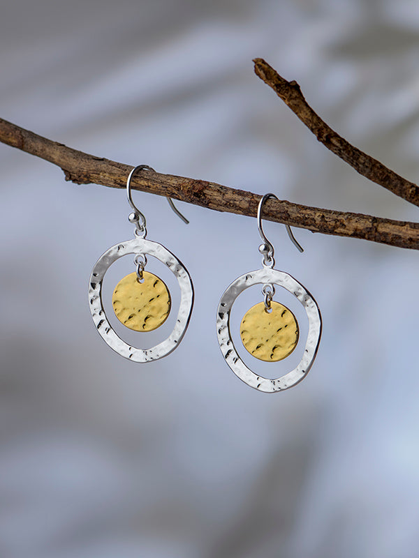 Two-Tone Hammered Disc Drop Earrings