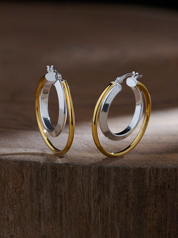 Dual Tone Double Circle Hoop Earrings