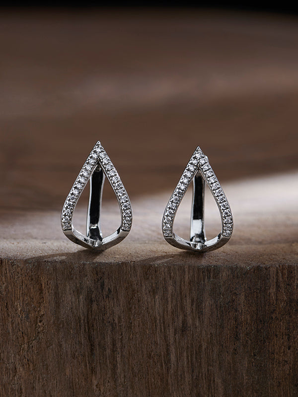 Rhodium Hoop Earrings with Structured Teardrop Shape