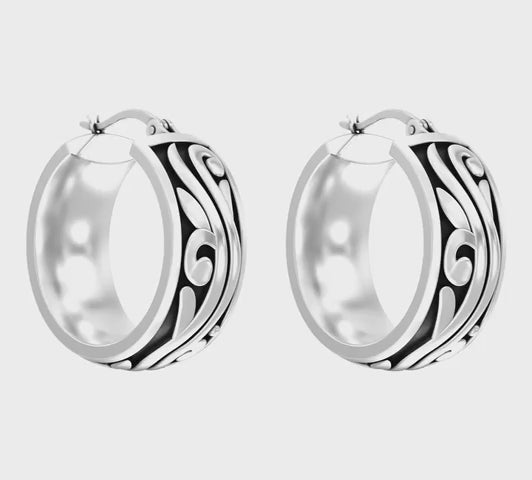 Load video: 925 Sterling Silver Antique Waved Filigree Lightweight Bali Style Chunky SMALL Click-Top Hoop Earrings for Women