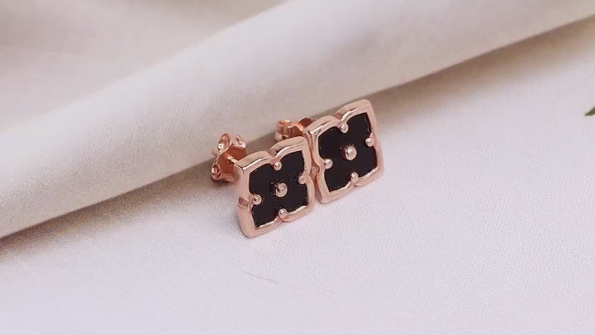 Load video: 925 Sterling Silver 14K Rose-Gold Plated Mother of Pearl Minimalist Malachite Flower Medium Stud Earrings for Women Teen