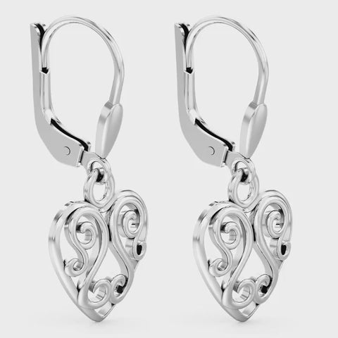 Load video: 925 Sterling Silver Lightweight Heart Filigree Leverback Drop Dangle Earrings for Women Teen