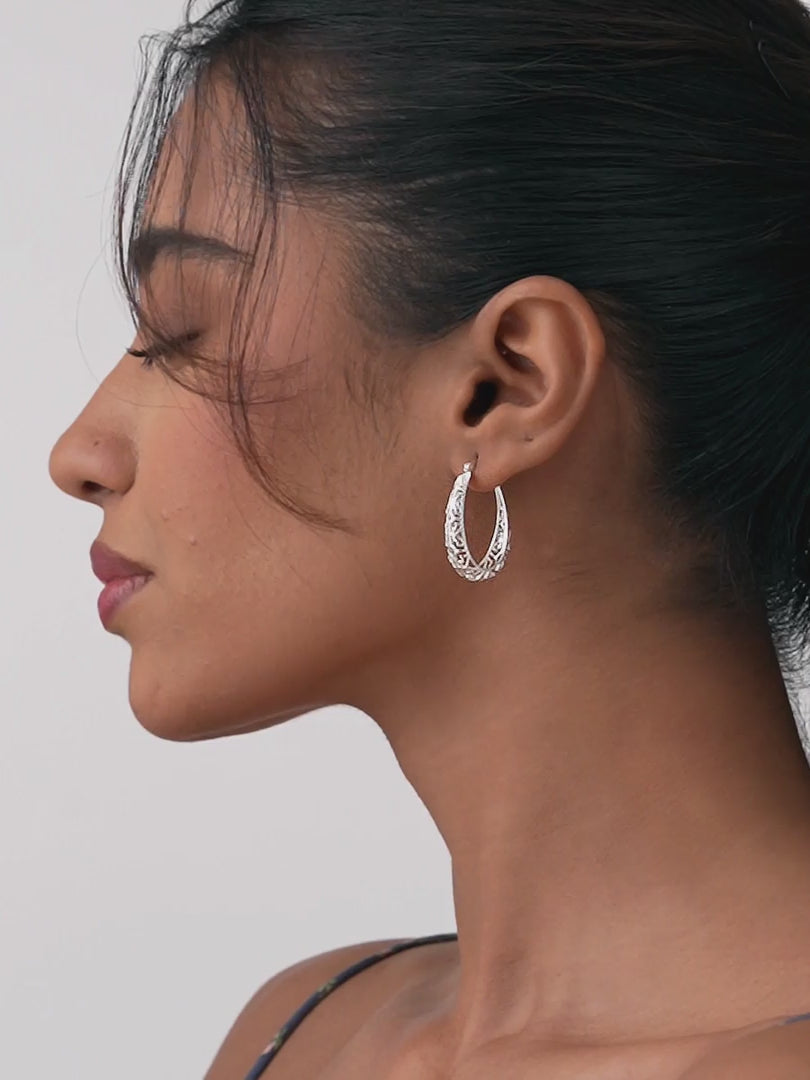 Load video: Filigree Mesh Oval Click-Top Hoops