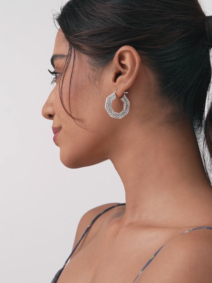 Load video: Antique Octagon Greek Key Pattern Hoops