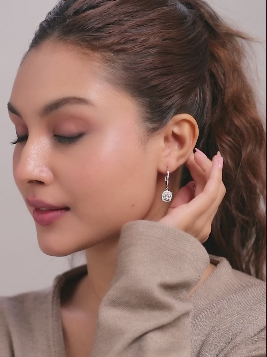 Load video: Rhodium Double Halo CZ Leverback Earrings