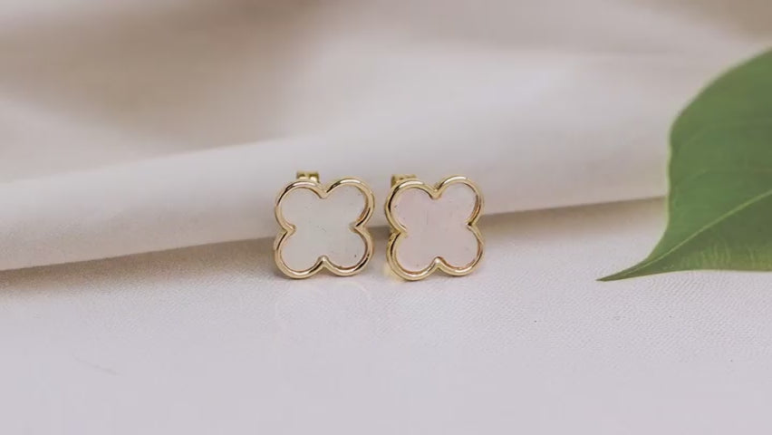 Load video: 925 Sterling Silver 14K Gold-Plated Mother Of Pearl Clover Leaf Stud Earrings for Women