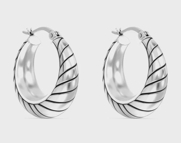 Load video: 925 Sterling Silver Antique Braided Twisted Filigree Lightweight Bali Style Chunky SMALL Click-Top Hoop Earrings for Women