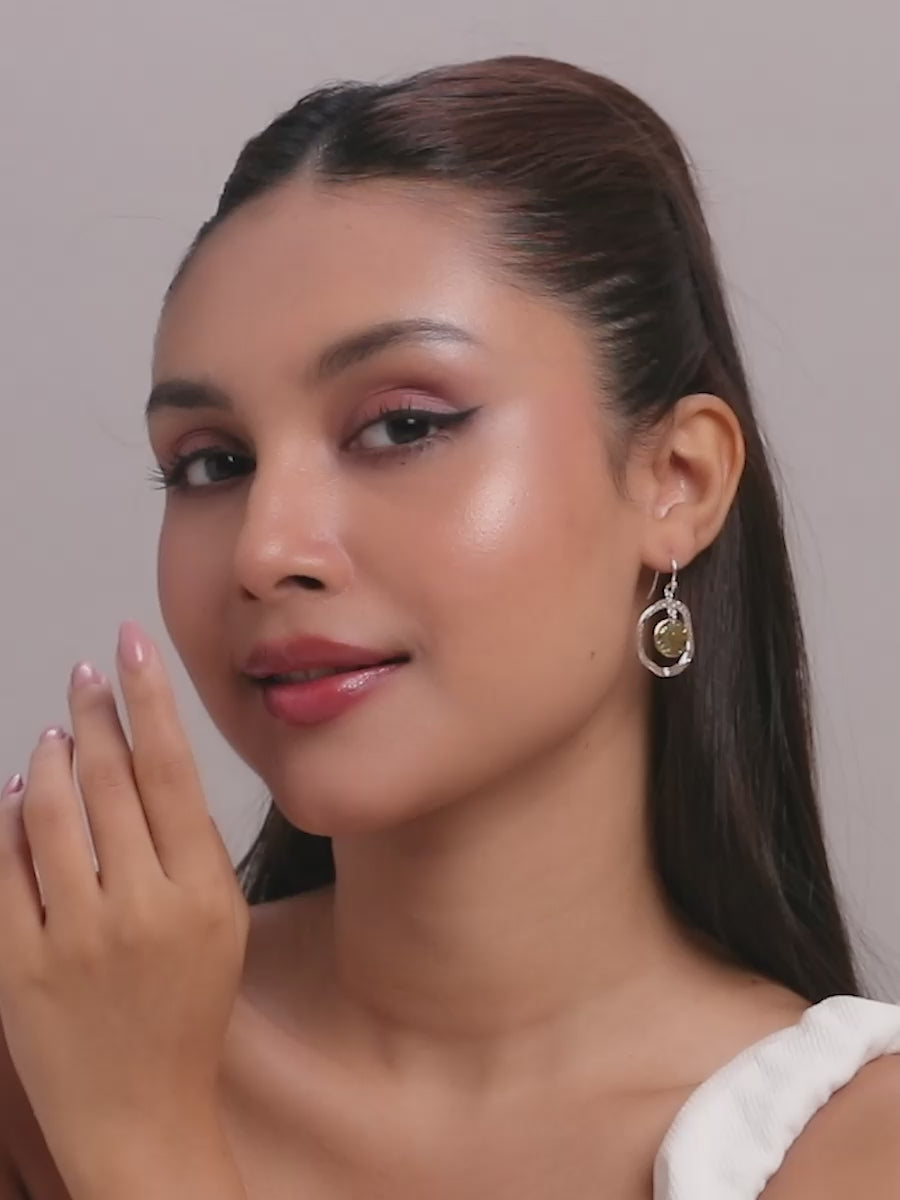 Load video: Two-Tone Hammered Disc Drop Earrings