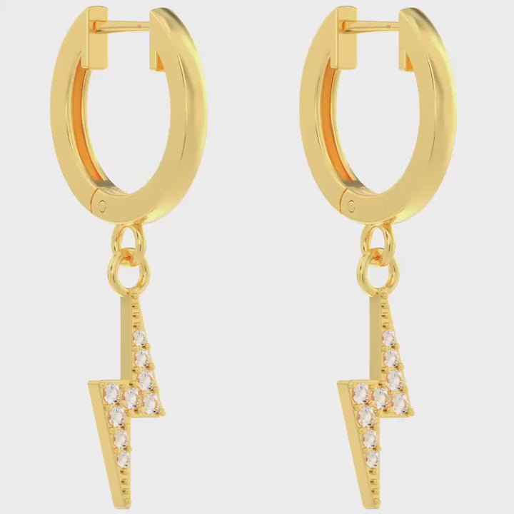 Load video: 925 Sterling Silver 14K Gold Plated Lightning Charm Huggie Hoop Earrings for Women