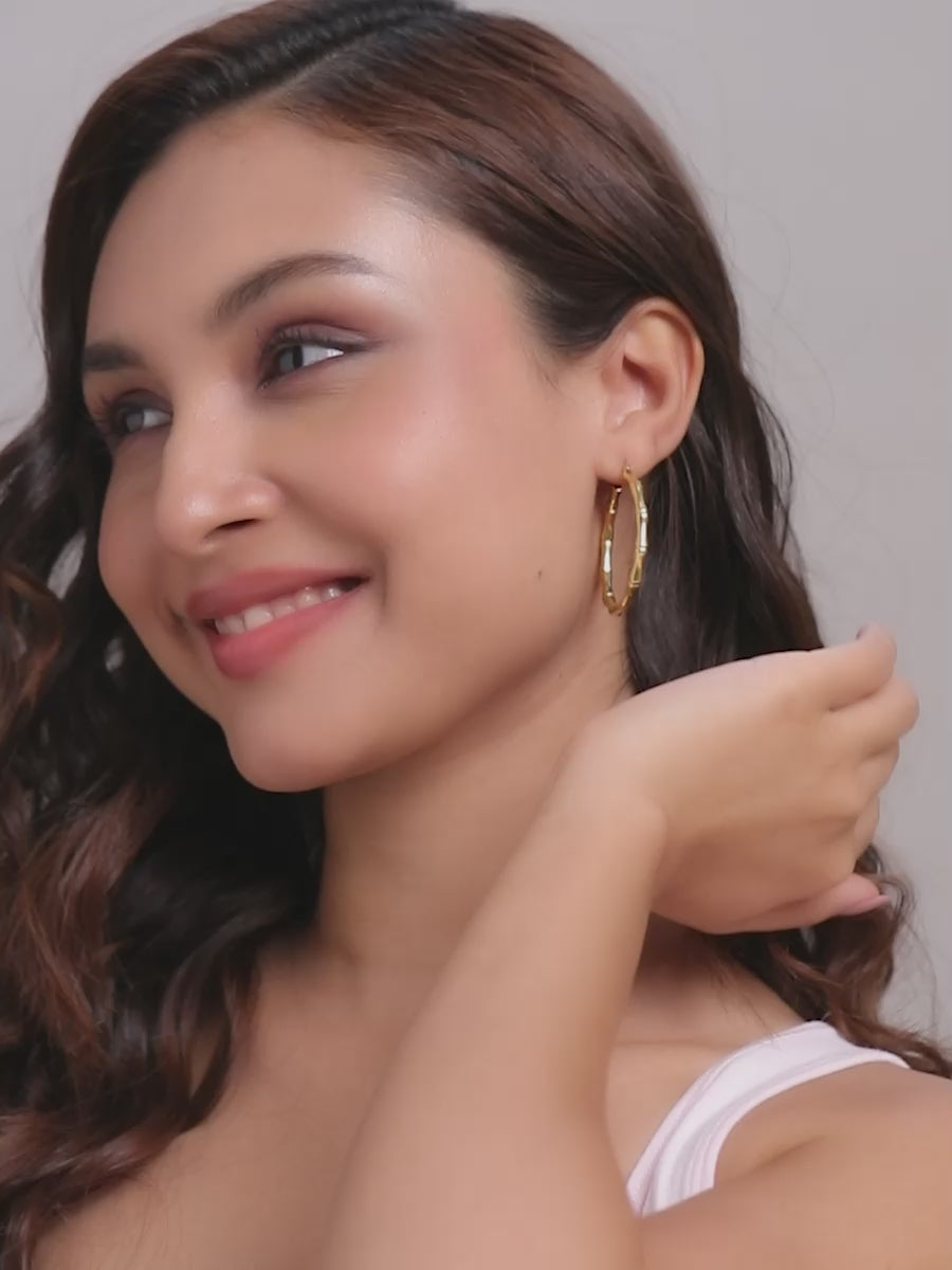 Load video: Gold Bamboo Click-Top Hoop Earrings 42mm